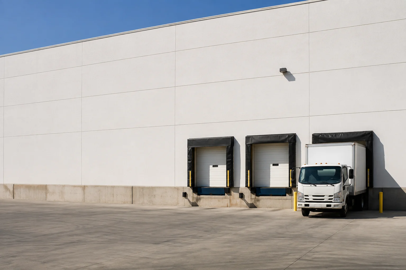 An unbranded white box truck positioned at a clean Las Vegas warehouse dock