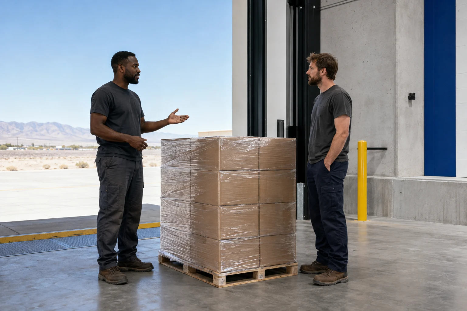 Two logistics workers discussing a wrapped pallet at an open warehouse dock