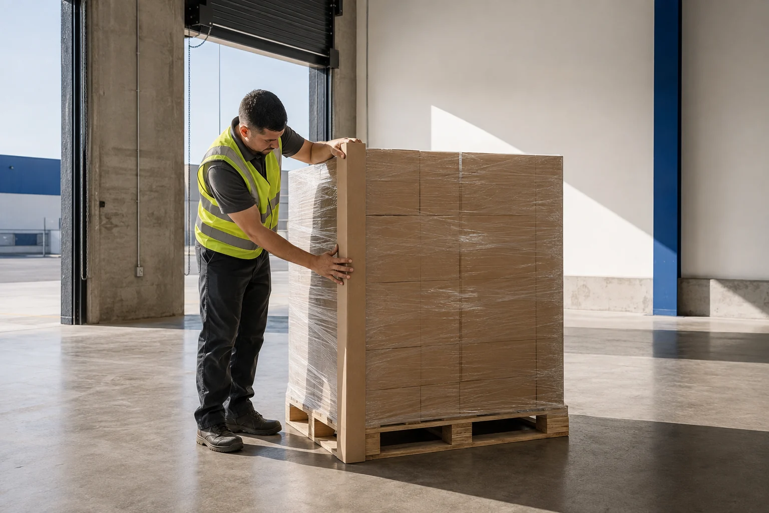 A warehouse worker fitting a plain cardboard corner protector to a wrapped pallet
