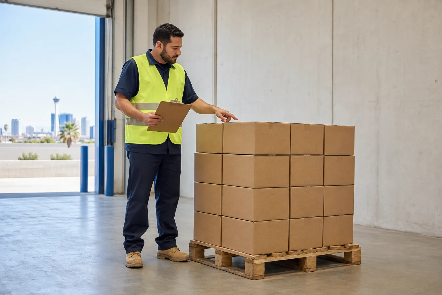 A warehouse worker reviewing plain cartons on a pallet